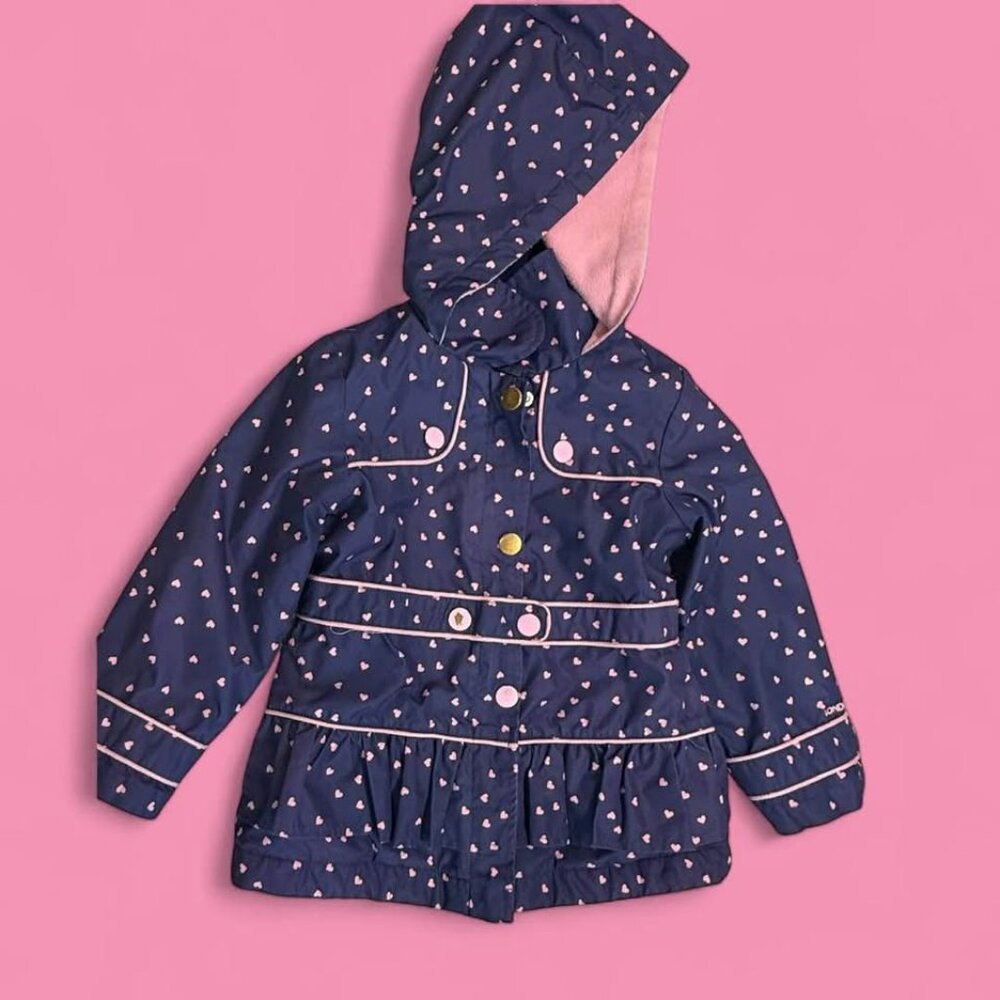 Toddler Girl London Fog Fleece Lined Pink Heart Print Navy Blue Jacket-Size 3T